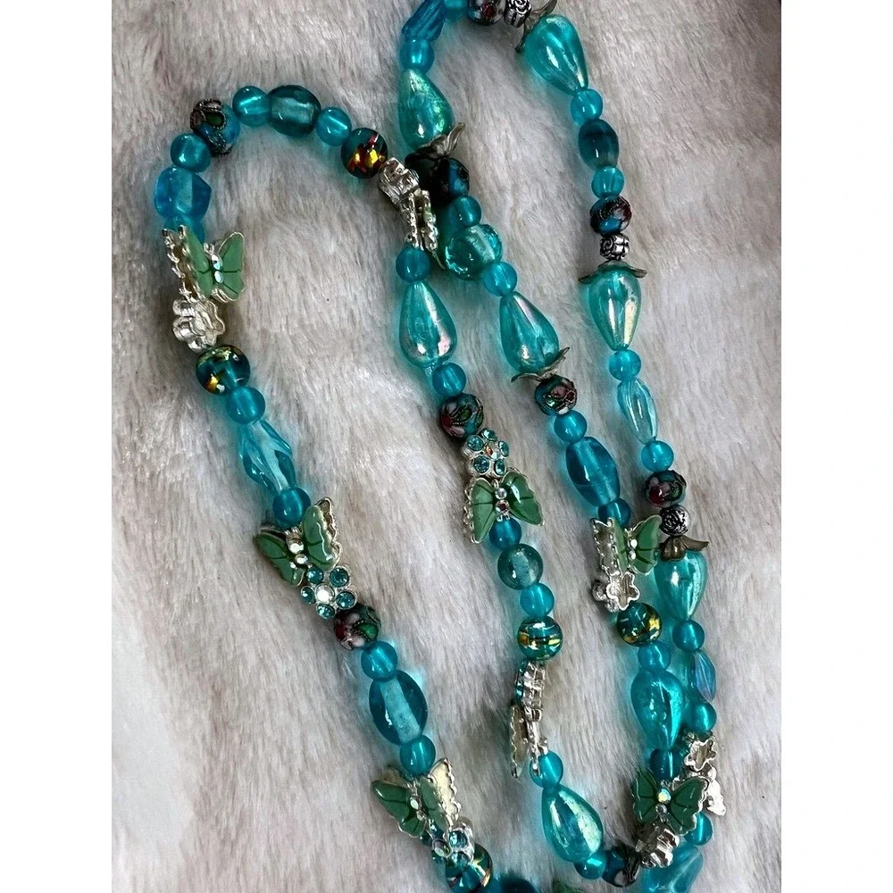 Turquoise Glass Bead Necklace Butterflies Lampwork Foil‎ Artisan 27